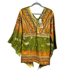 Erica Brooke Women Tunic Top V Neck Boho Sequin Handkerchief Sleeve Green Sz 16*